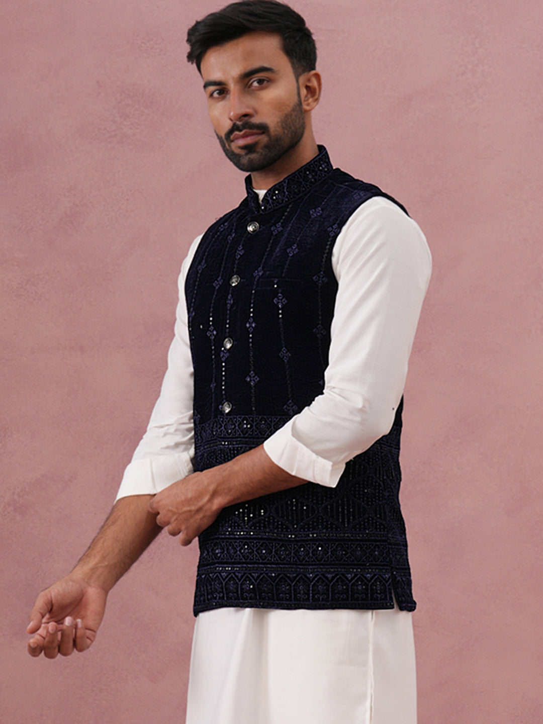 Velvet Sequin Embroidered Nehru Jacket