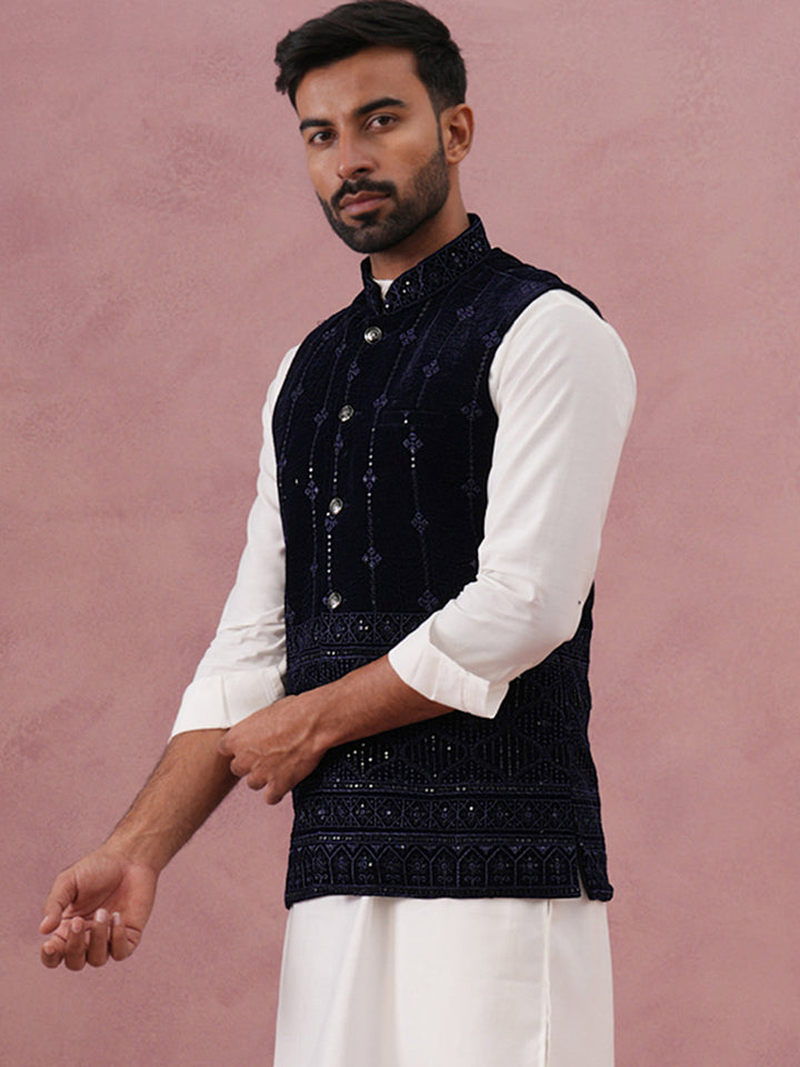 Velvet Sequin Embroidered Nehru Jacket