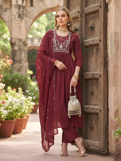 Embroidered A-Line Kurta Set With Dupatta