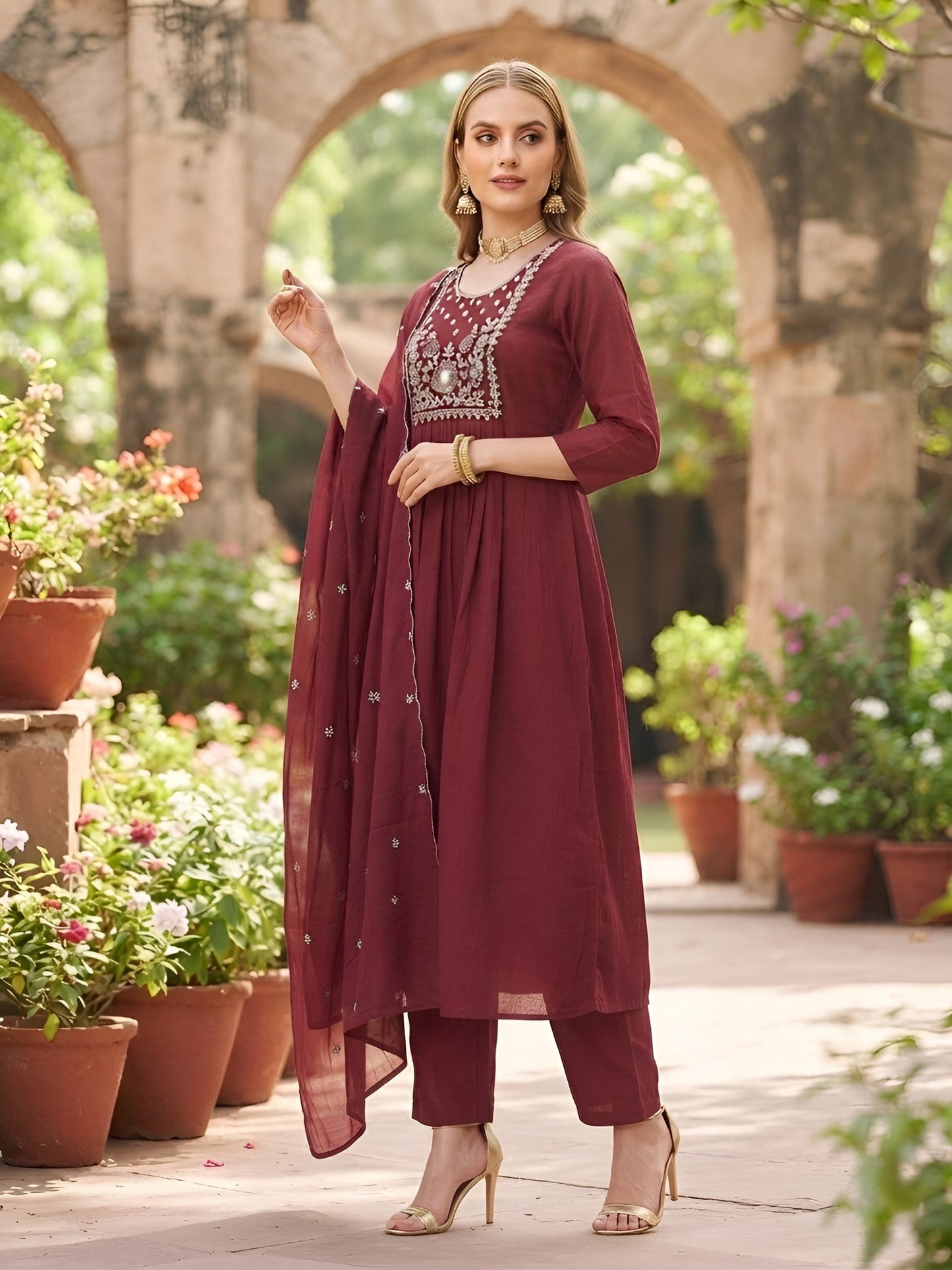 Embroidered A-Line Kurta Set With Dupatta