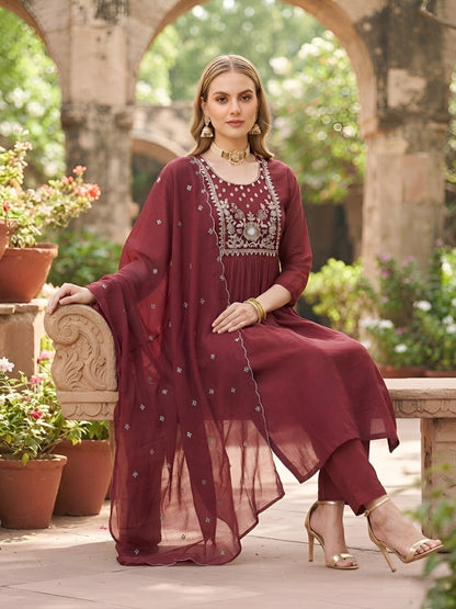 Embroidered A-Line Kurta Set With Dupatta