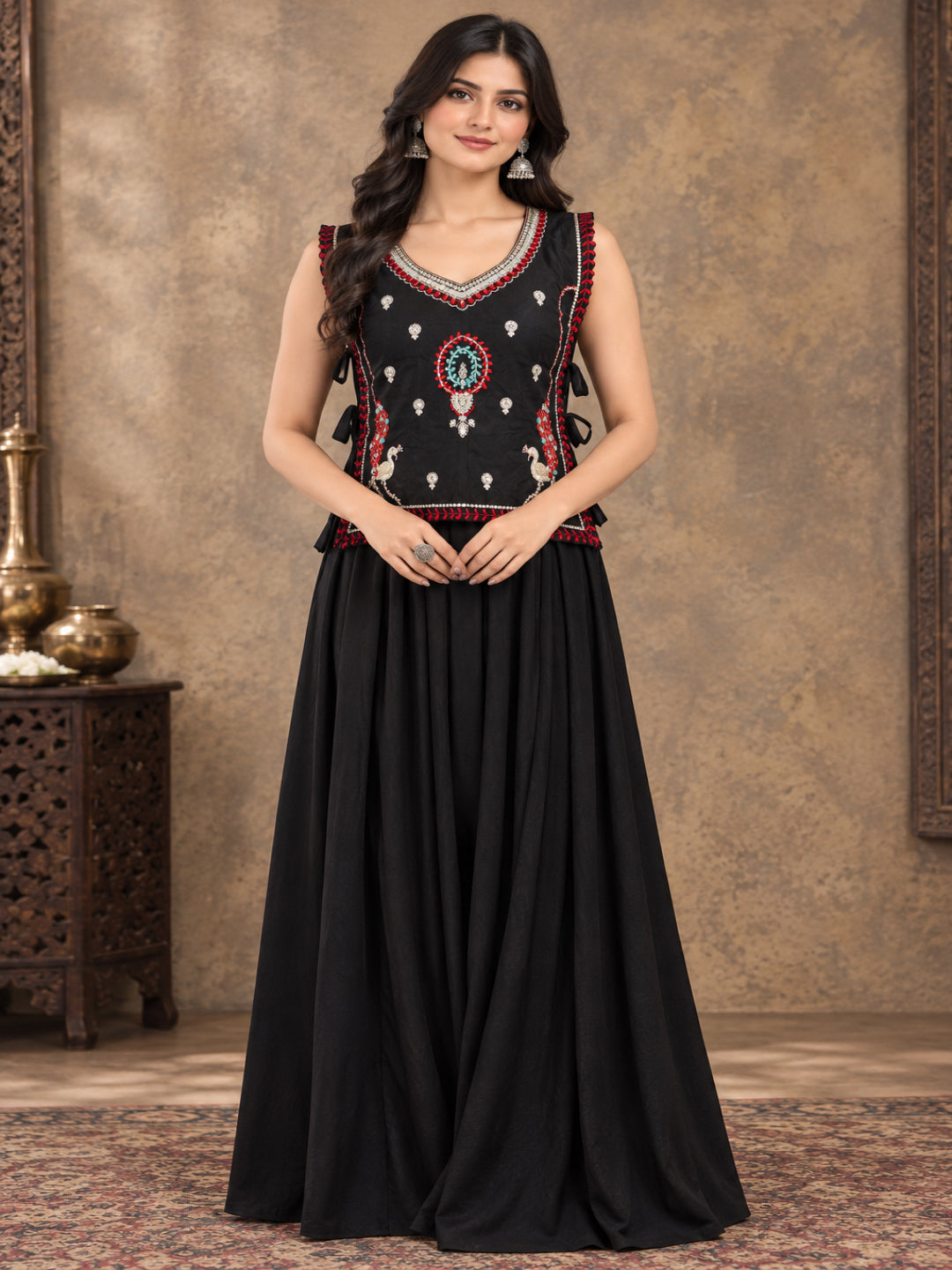 Solid &amp; Embroidered Rayon Top Skirt With Jacket Co-Ord Set