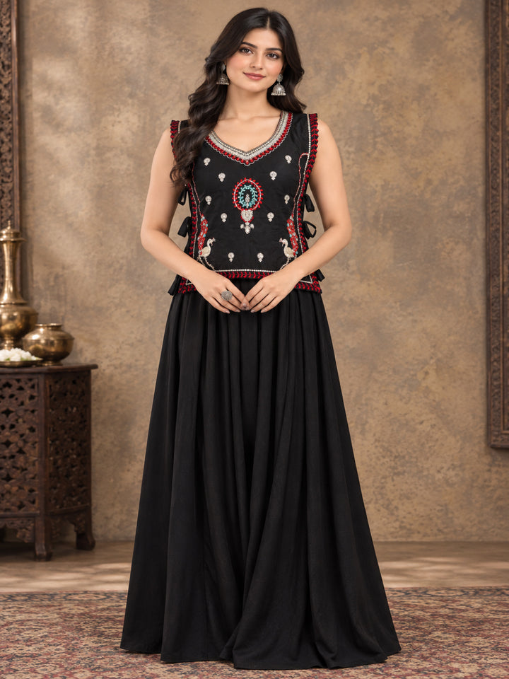 Solid &amp; Embroidered Rayon Top Skirt With Jacket Co-Ord Set