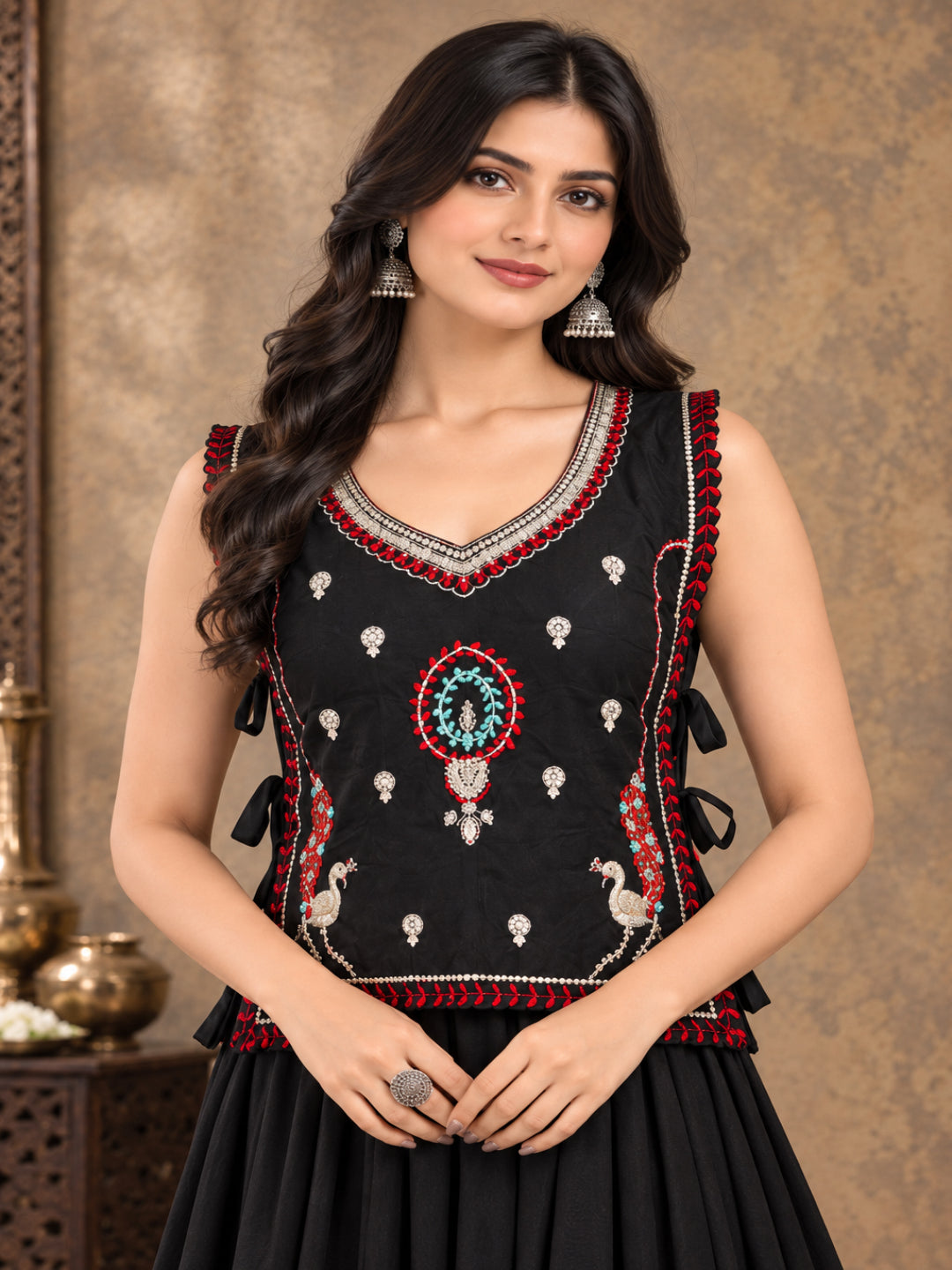 Solid &amp; Embroidered Rayon Top Skirt With Jacket Co-Ord Set