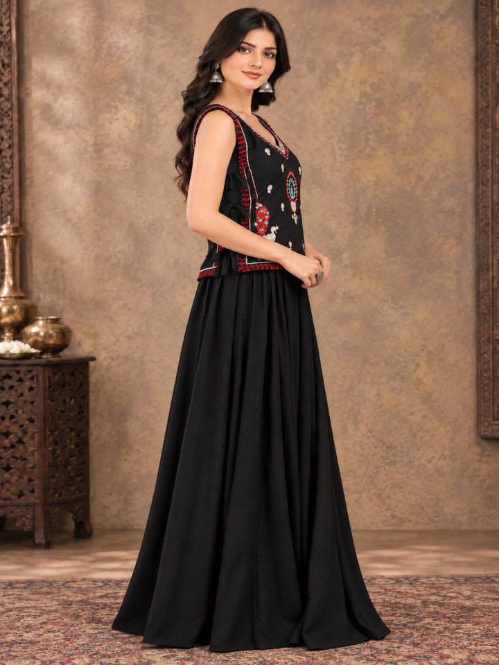 Solid &amp; Embroidered Rayon Top Skirt With Jacket Co-Ord Set