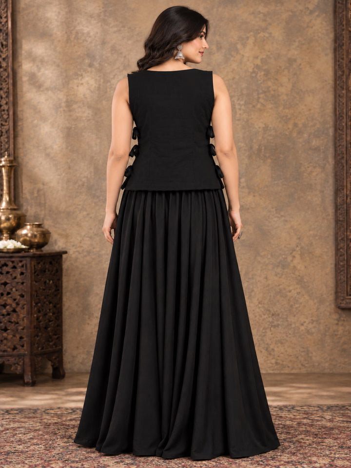 Solid &amp; Embroidered Rayon Top Skirt With Jacket Co-Ord Set