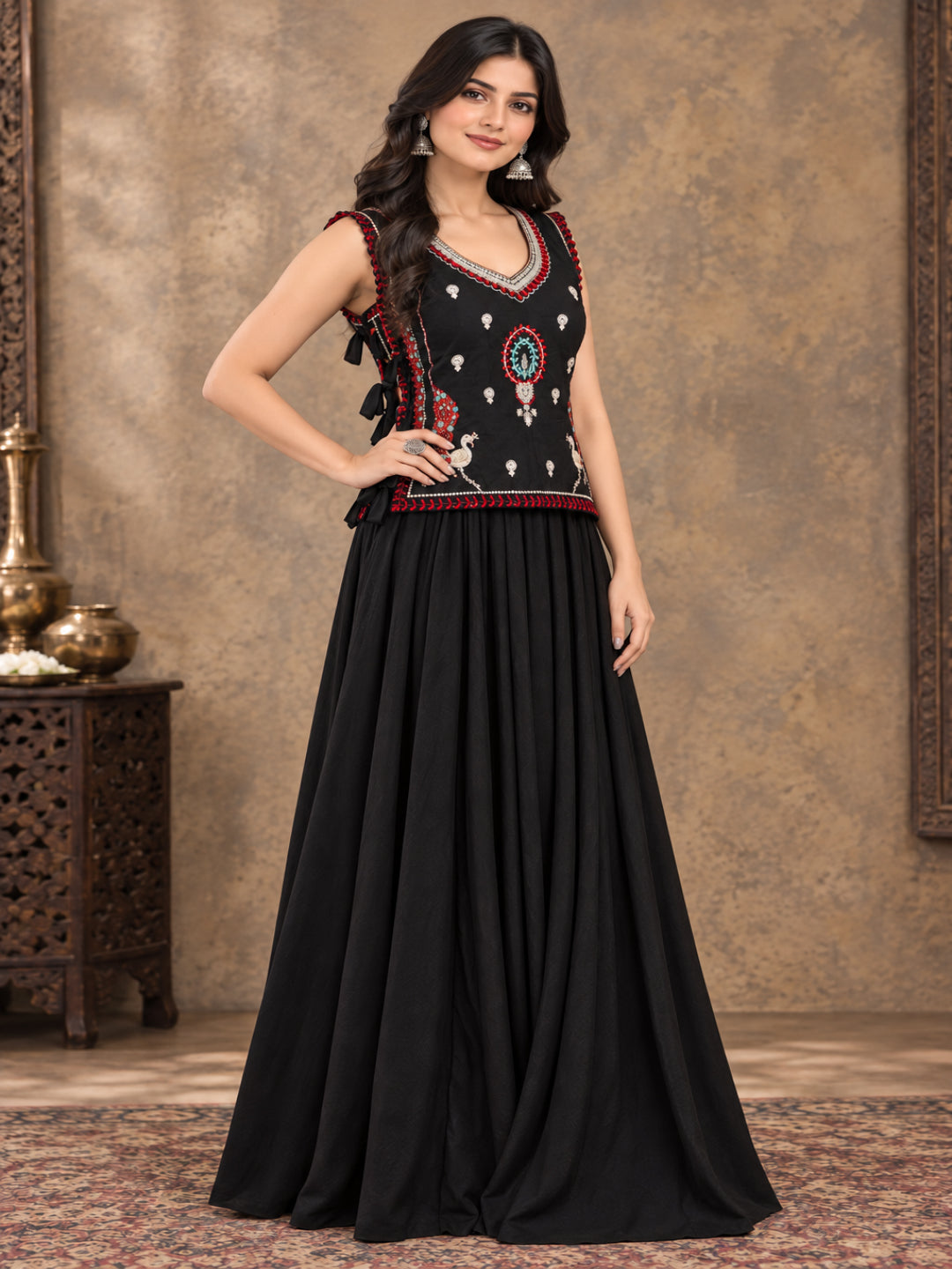 Solid &amp; Embroidered Rayon Top Skirt With Jacket Co-Ord Set