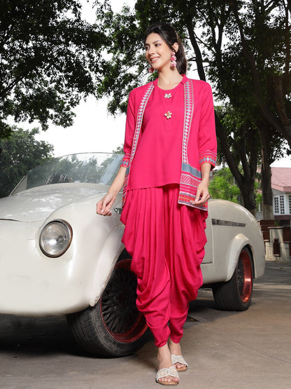 Pink Solid & Embroidered Cotton A-Line Kurti Dhoti Pant With Jacket (Pre-Order)