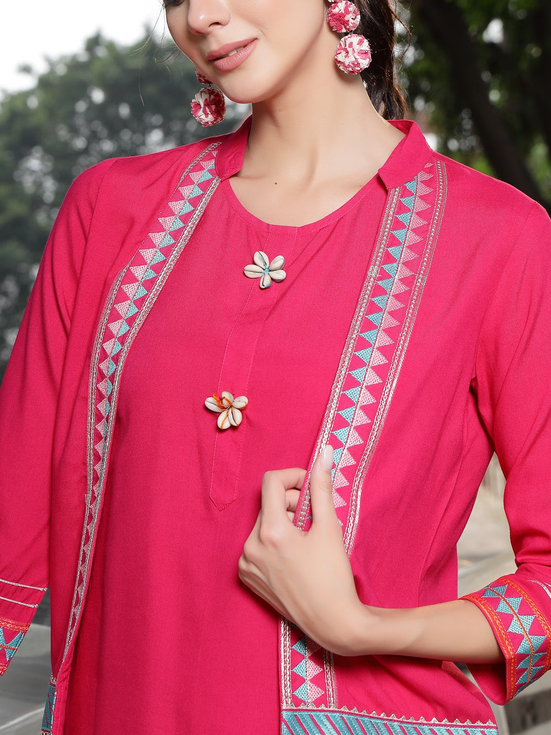 Pink Solid & Embroidered Cotton A-Line Kurti Dhoti Pant With Jacket