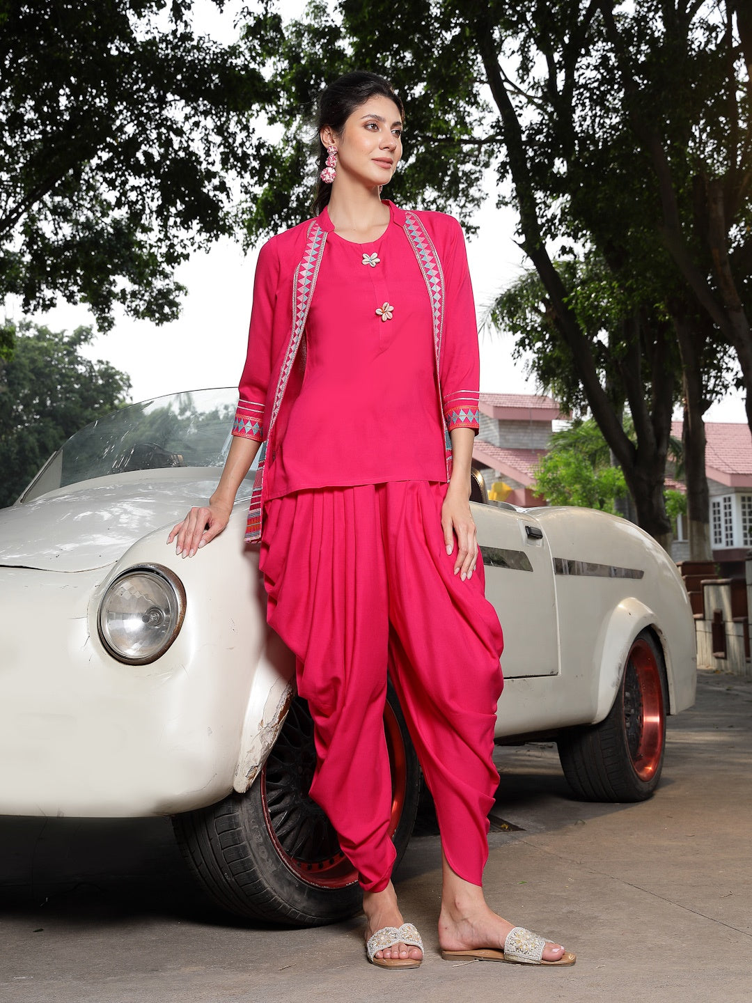 Pink Solid & Embroidered Cotton A-Line Kurti Dhoti Pant With Jacket