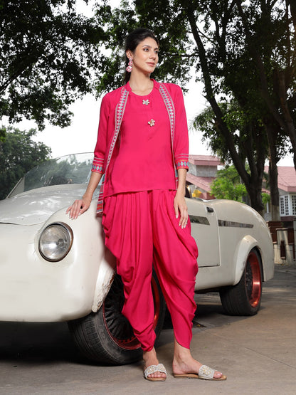 Pink Solid & Embroidered Cotton A-Line Kurti Dhoti Pant With Jacket