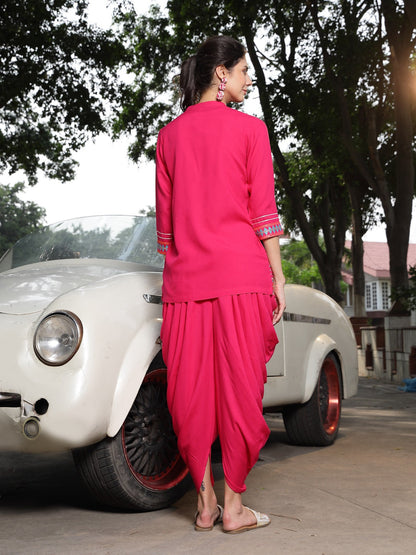 Pink Solid & Embroidered Cotton A-Line Kurti Dhoti Pant With Jacket