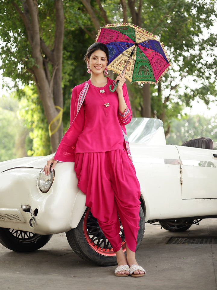 Pink Solid &amp; Embroidered Cotton A-Line Kurti Dhoti Pant With Jacket
