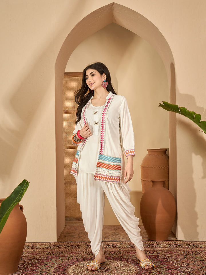 Solid &amp; Embroidered Rayon A-Line Kurti Dhoti Pant with Jacket