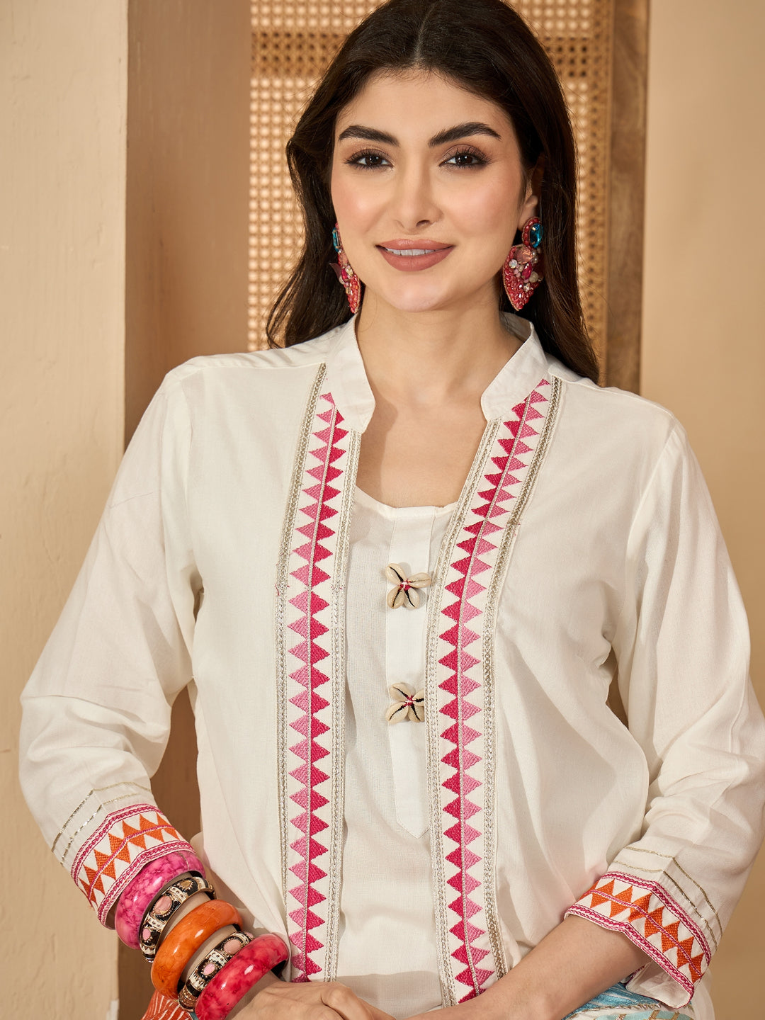 Solid &amp; Embroidered Rayon A-Line Kurti Dhoti Pant with Jacket