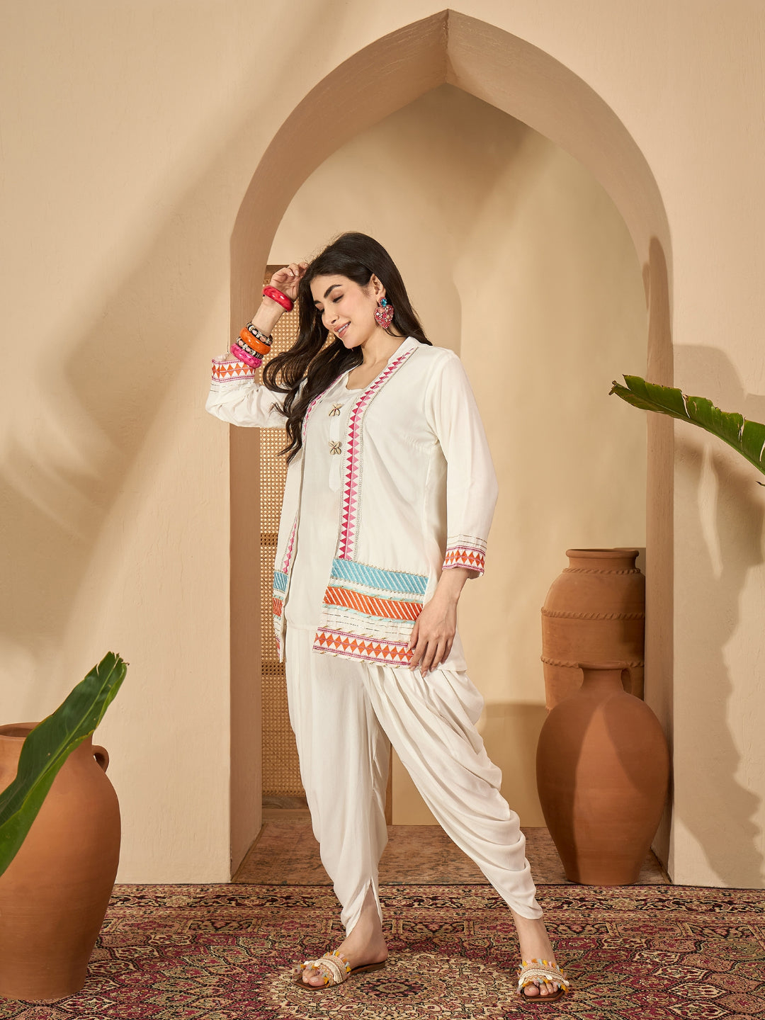 Solid &amp; Embroidered Rayon A-Line Kurti Dhoti Pant with Jacket