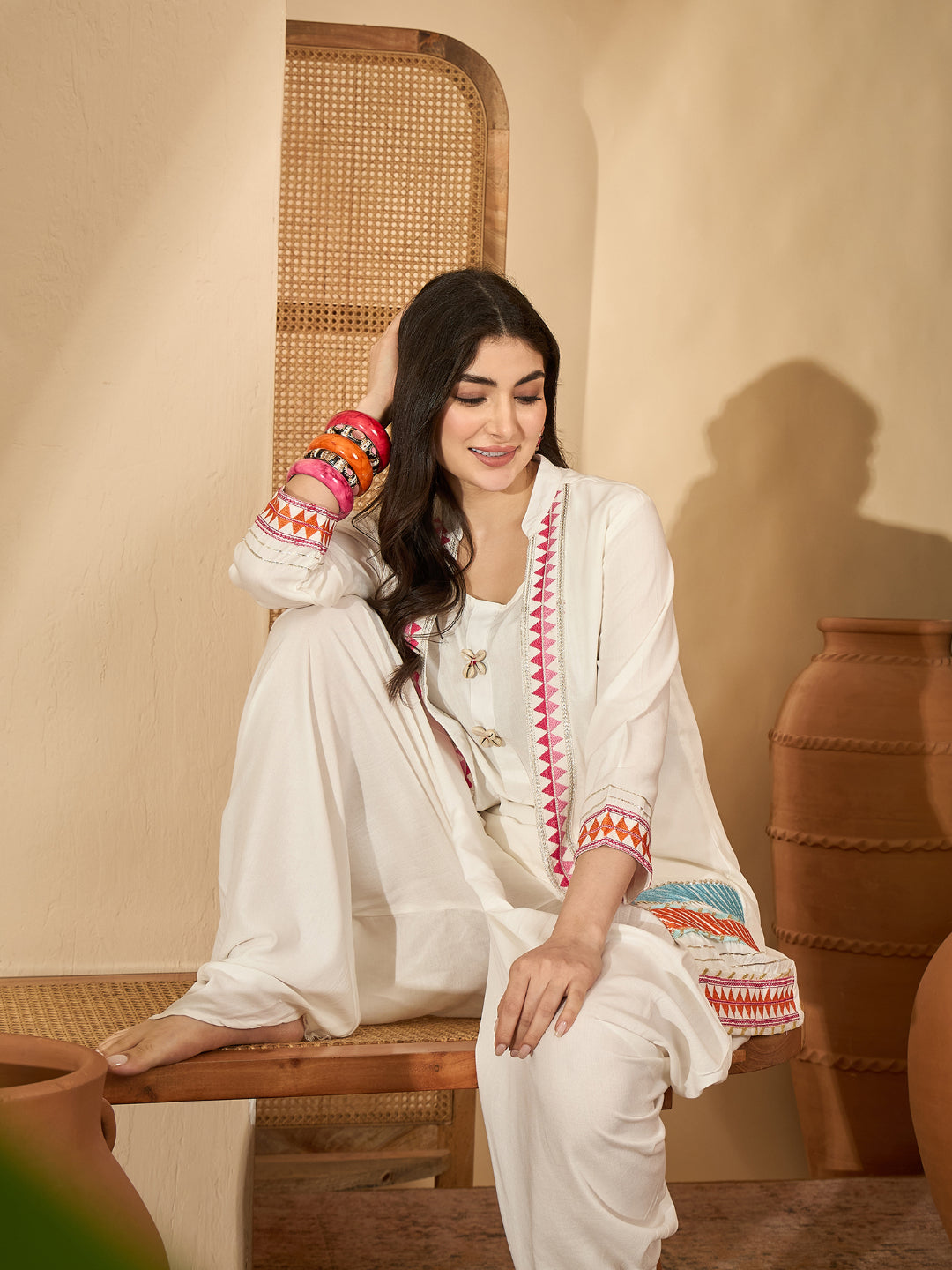 Solid &amp; Embroidered Rayon A-Line Kurti Dhoti Pant with Jacket