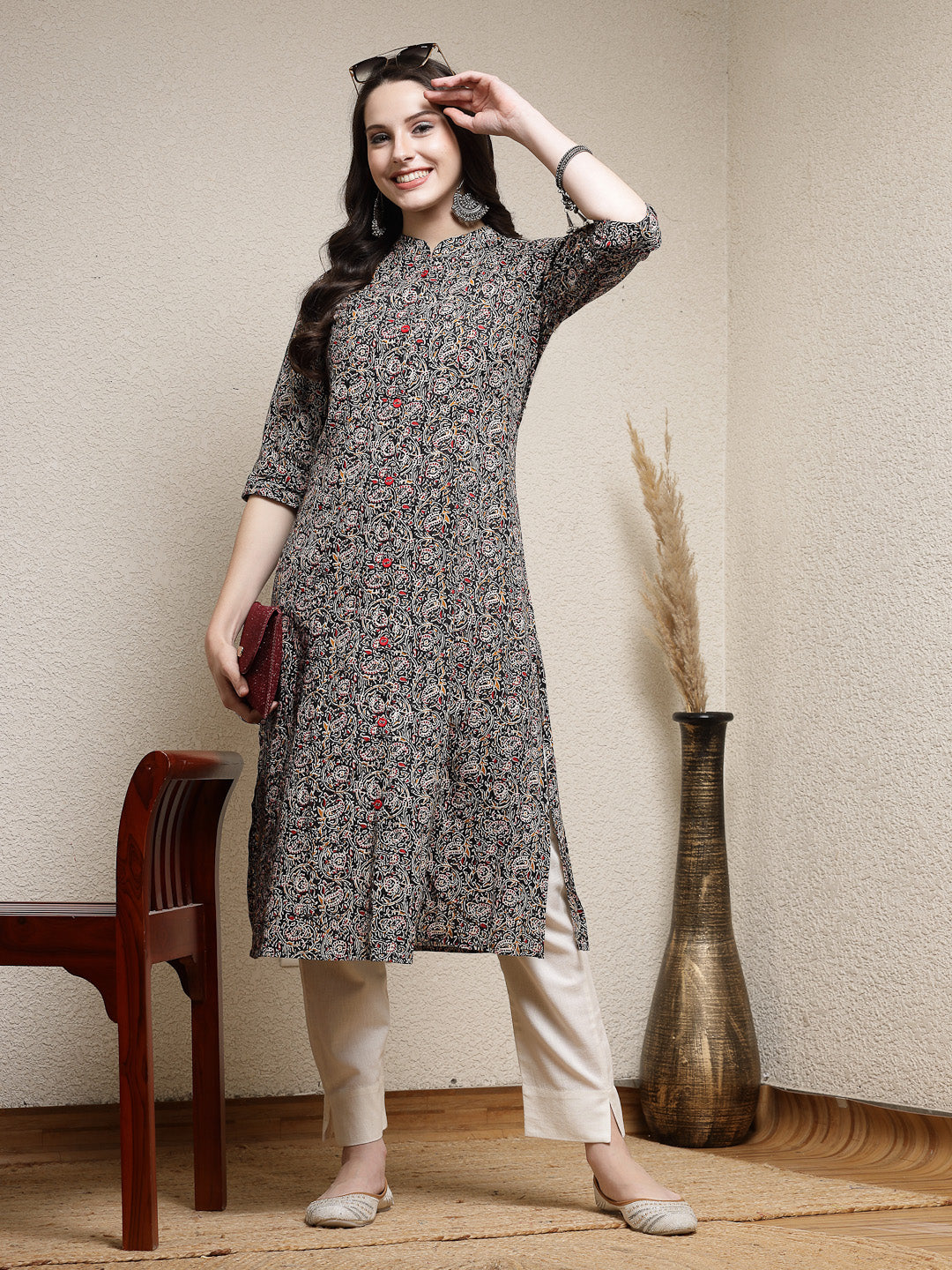Floral Printed Cotton A-Line Kurta