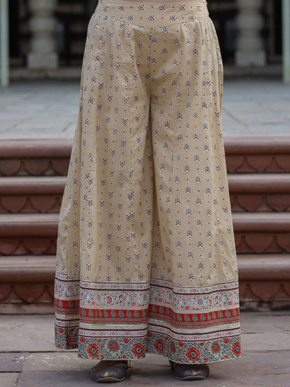 Beige Ethnic Motif Printed Pure Cotton Kurta Sharara & Dupatta Set.