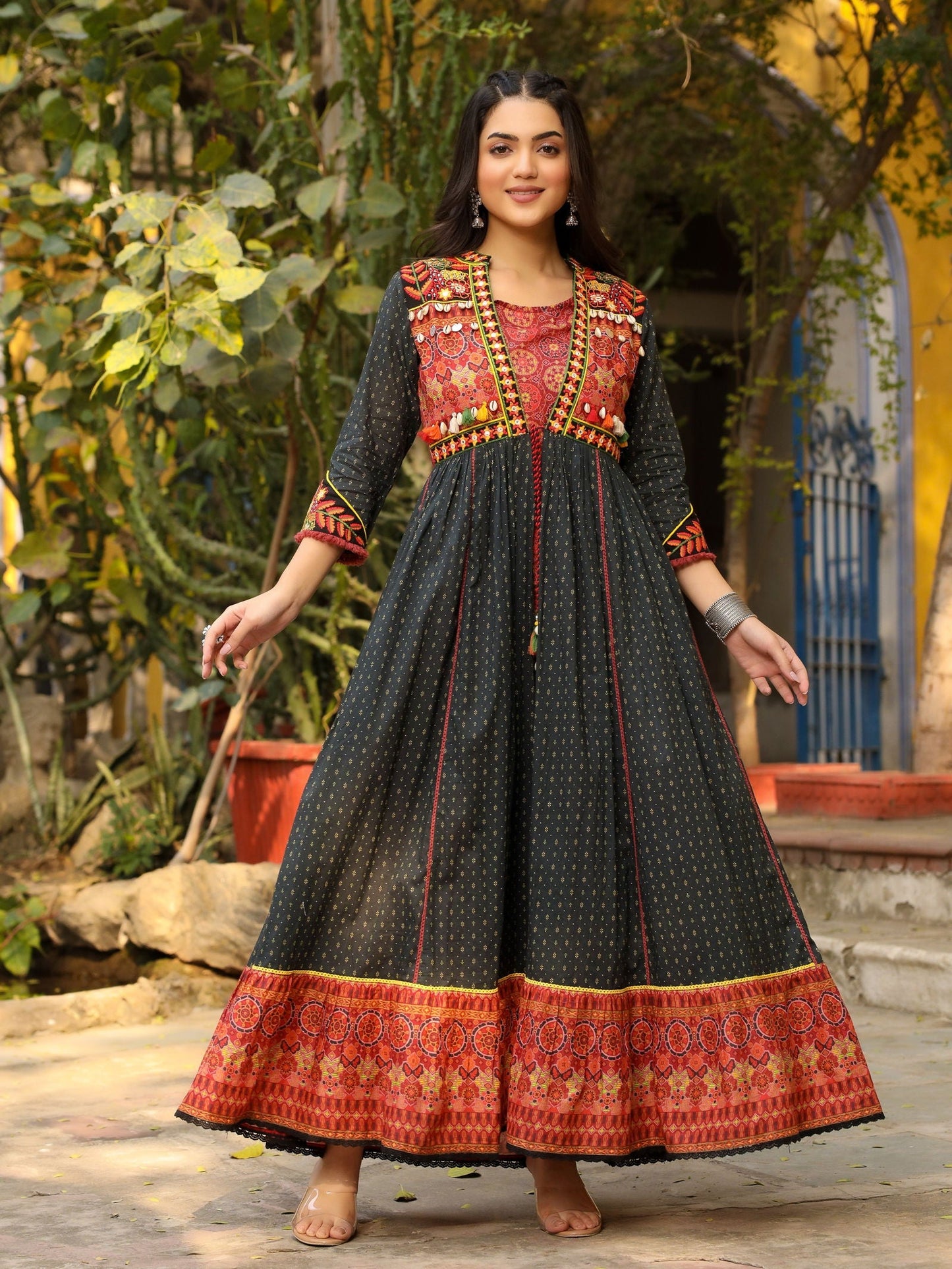 Black Cotton Ethnic Motif Printed Fit & Flare Layered Maxi Dress With Thread Embroidery & Tassels