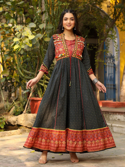 Black Cotton Ethnic Motif Printed Fit & Flare Layered Maxi Dress With Thread Embroidery & Tassels