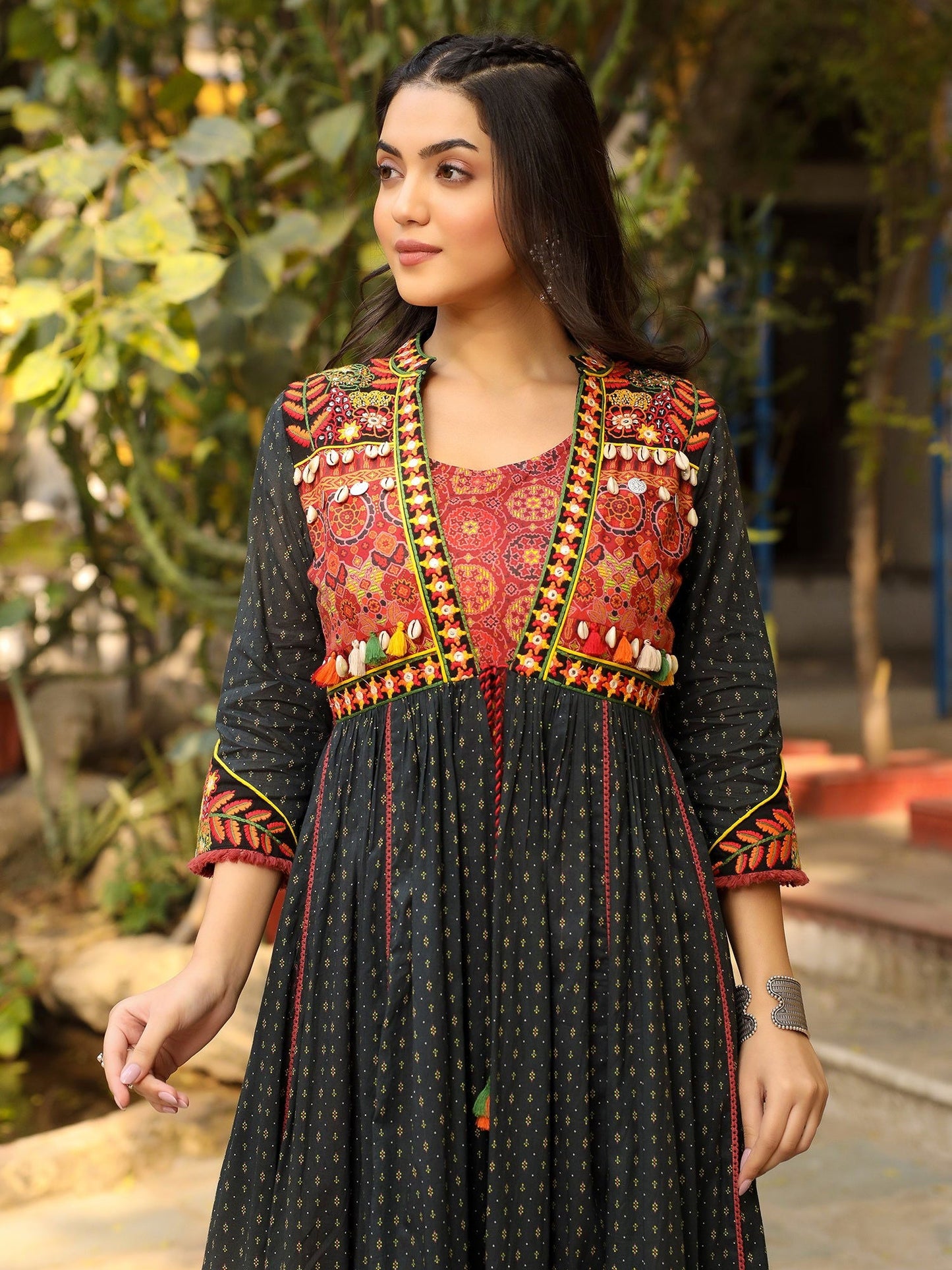 Black Cotton Ethnic Motif Printed Fit & Flare Layered Maxi Dress With Thread Embroidery & Tassels