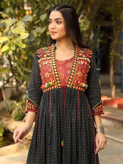Black Cotton Ethnic Motif Printed Fit & Flare Layered Maxi Dress With Thread Embroidery & Tassels