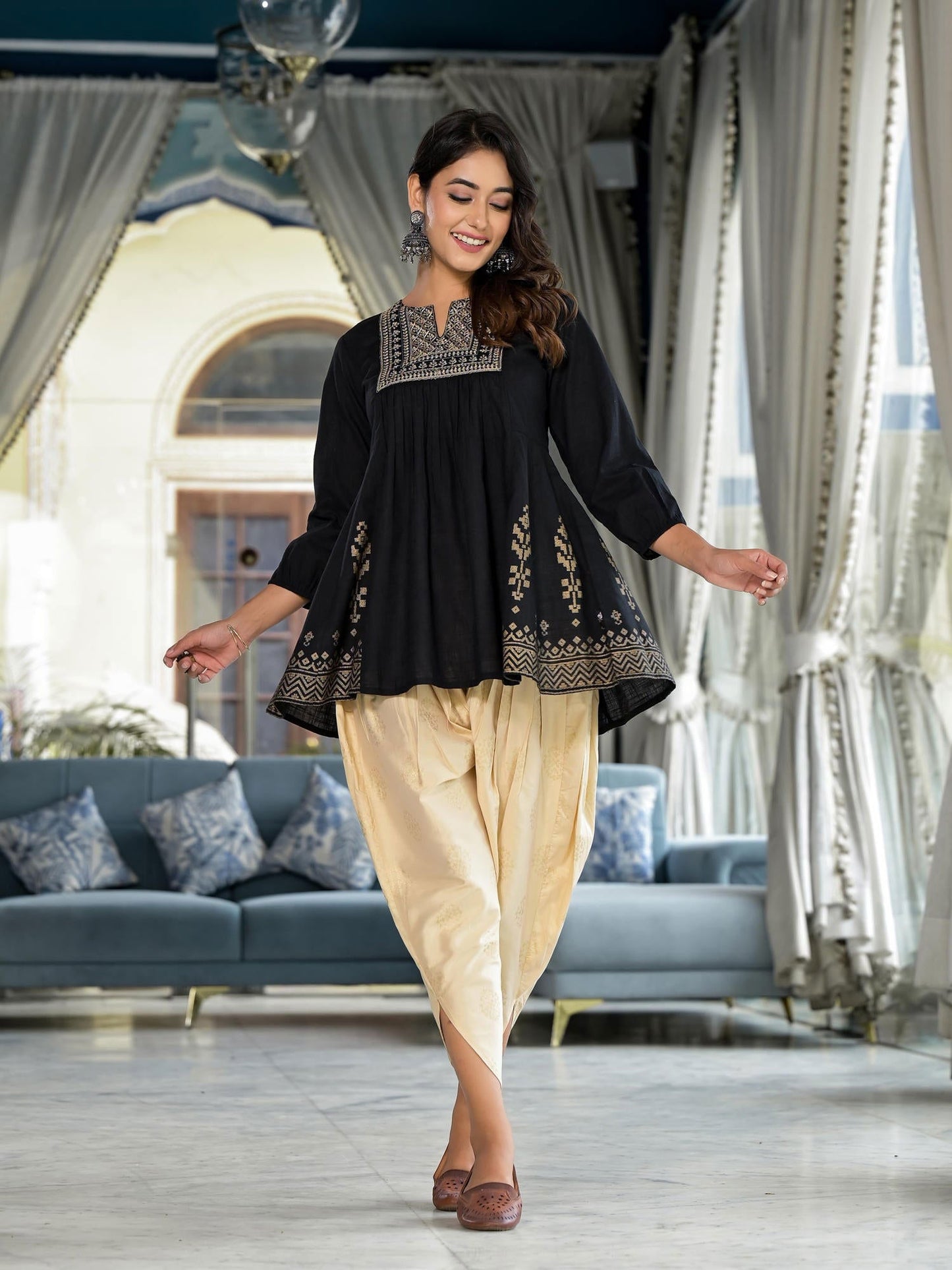 Black Ethnic Motif Printed Tunic & Dhoti Pant Co-Ord Set For Women With Zari Embroidery