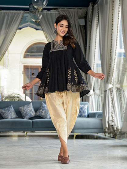 Black Ethnic Motif Printed Tunic & Dhoti Pant Co-Ord Set For Women With Zari Embroidery