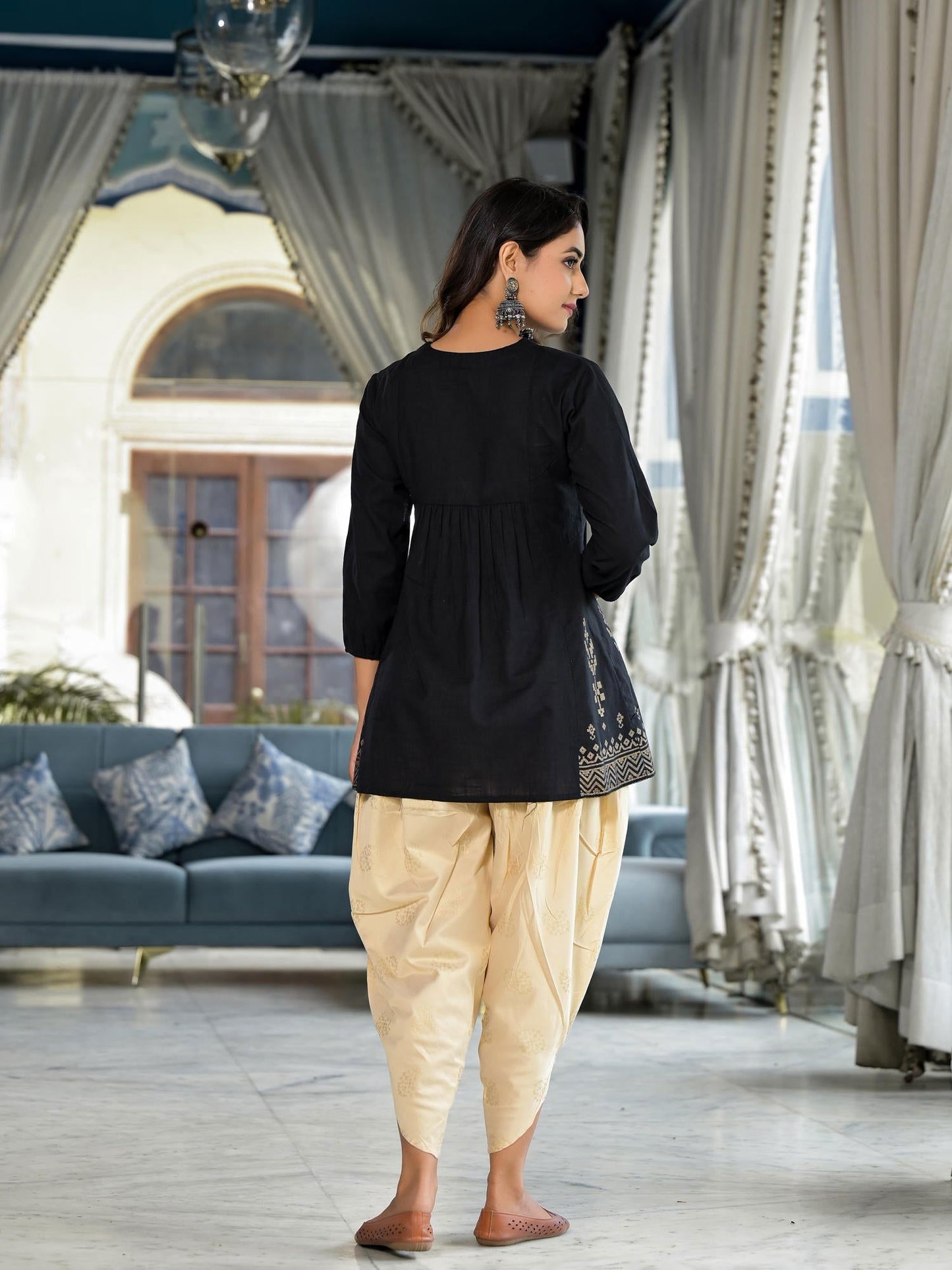 Black Ethnic Motif Printed Tunic & Dhoti Pant Co-Ord Set For Women With Zari Embroidery