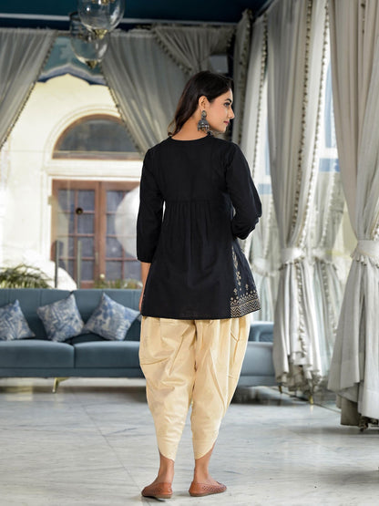 Black Ethnic Motif Printed Tunic & Dhoti Pant Co-Ord Set For Women With Zari Embroidery