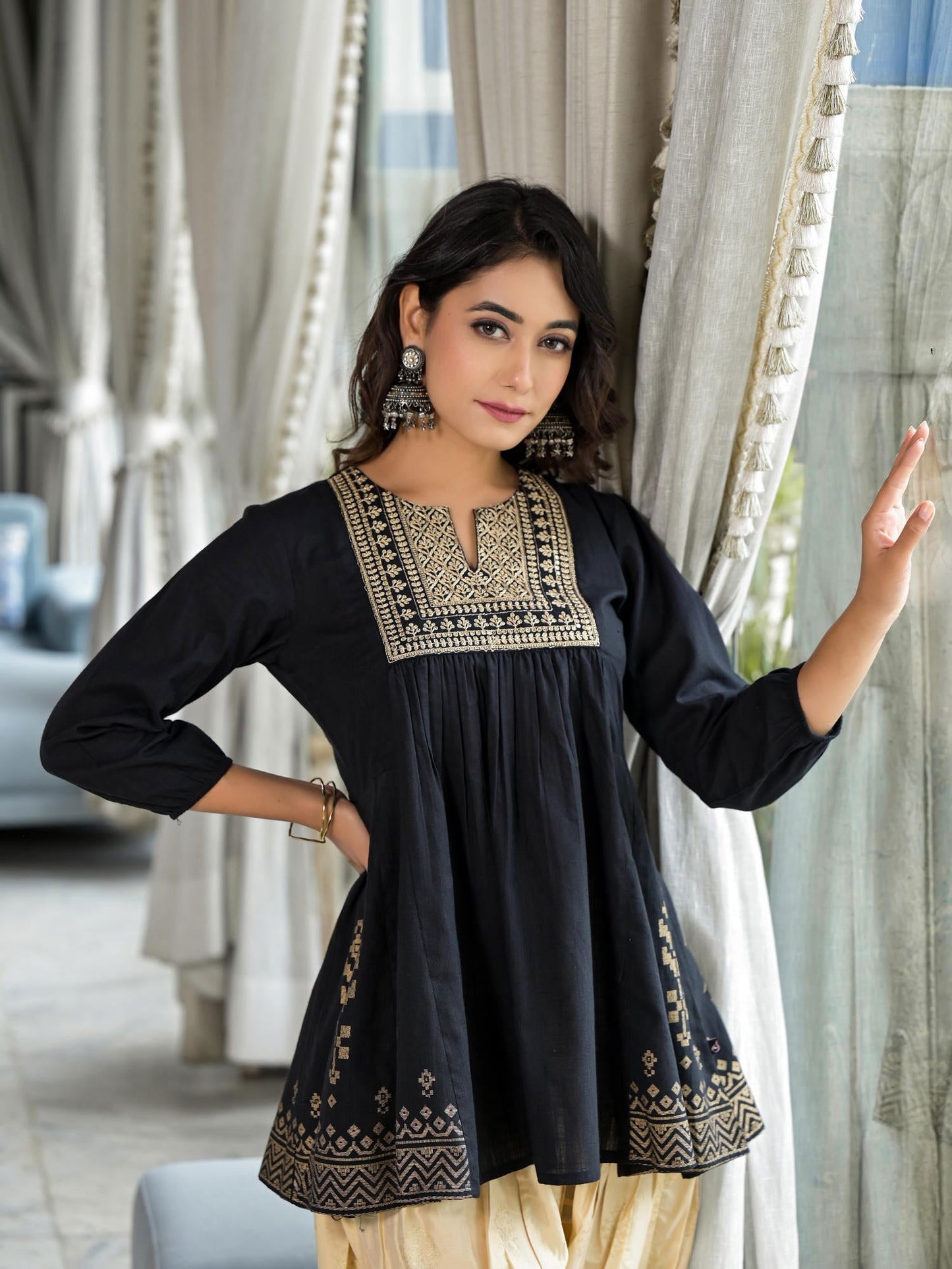 Black Ethnic Motif Printed Tunic & Dhoti Pant Co-Ord Set For Women With Zari Embroidery