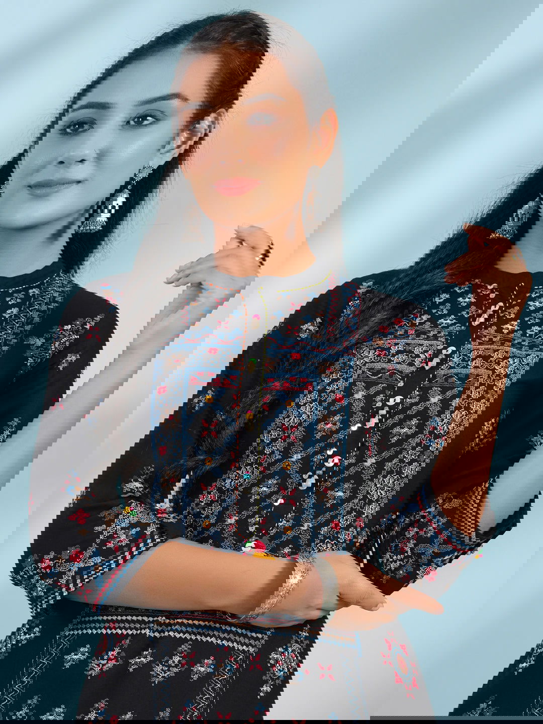 Black Ethnic Motif Printed Rayon Calf Length Straight Kurta With Kaudis Kantha Work & Sequins