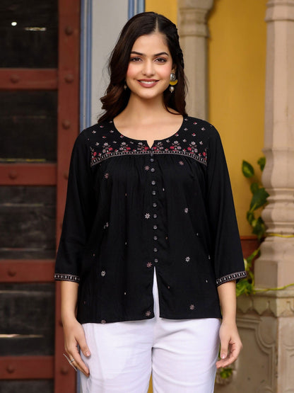 Black Rayon Gathered Embroidered Tunic With Buttons