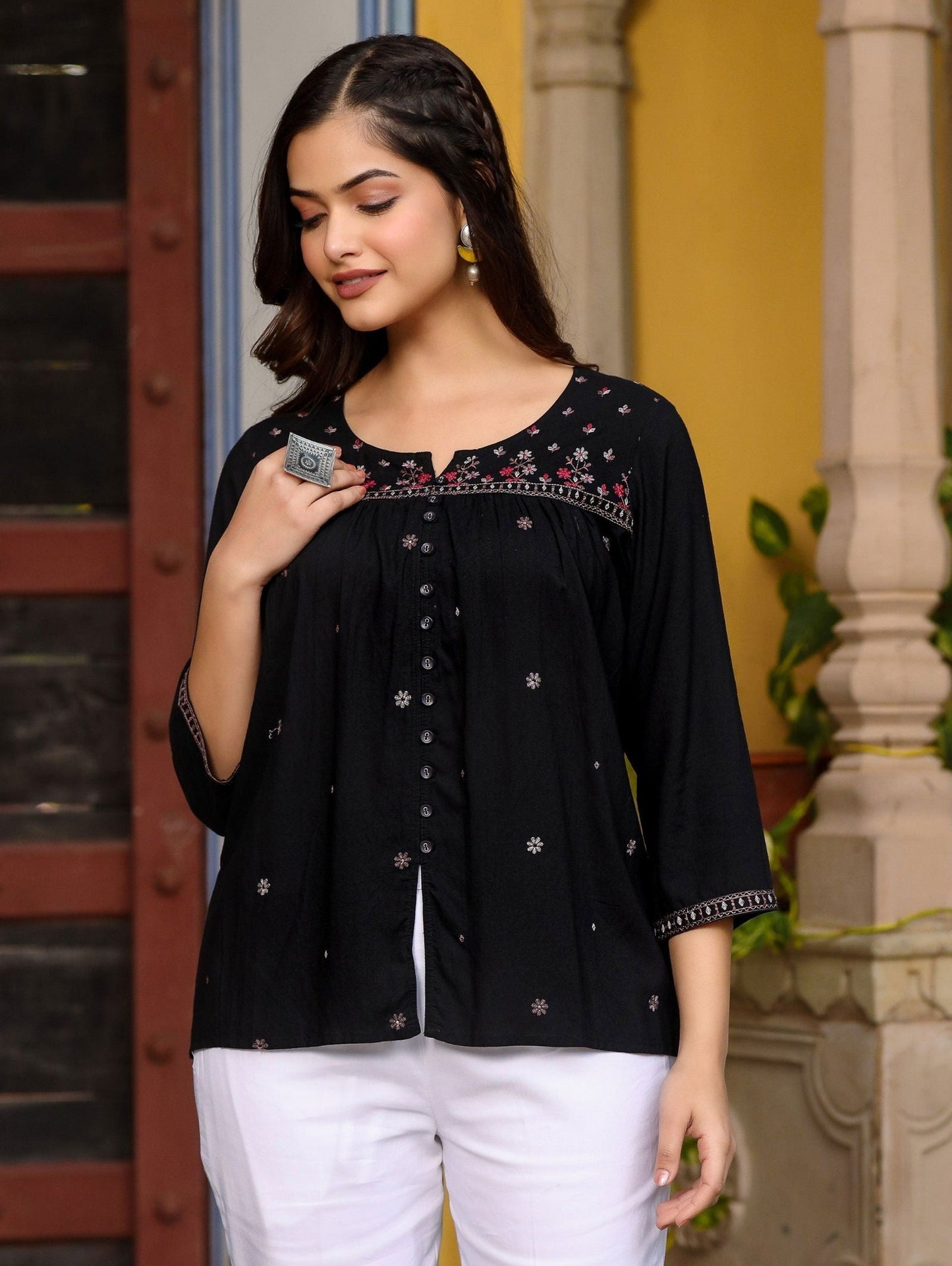 Black Rayon Gathered Embroidered Tunic With Buttons