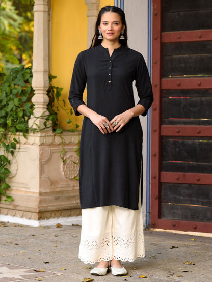 Black Solid Modal Rayon Straight Kurta With Half Placket At Front