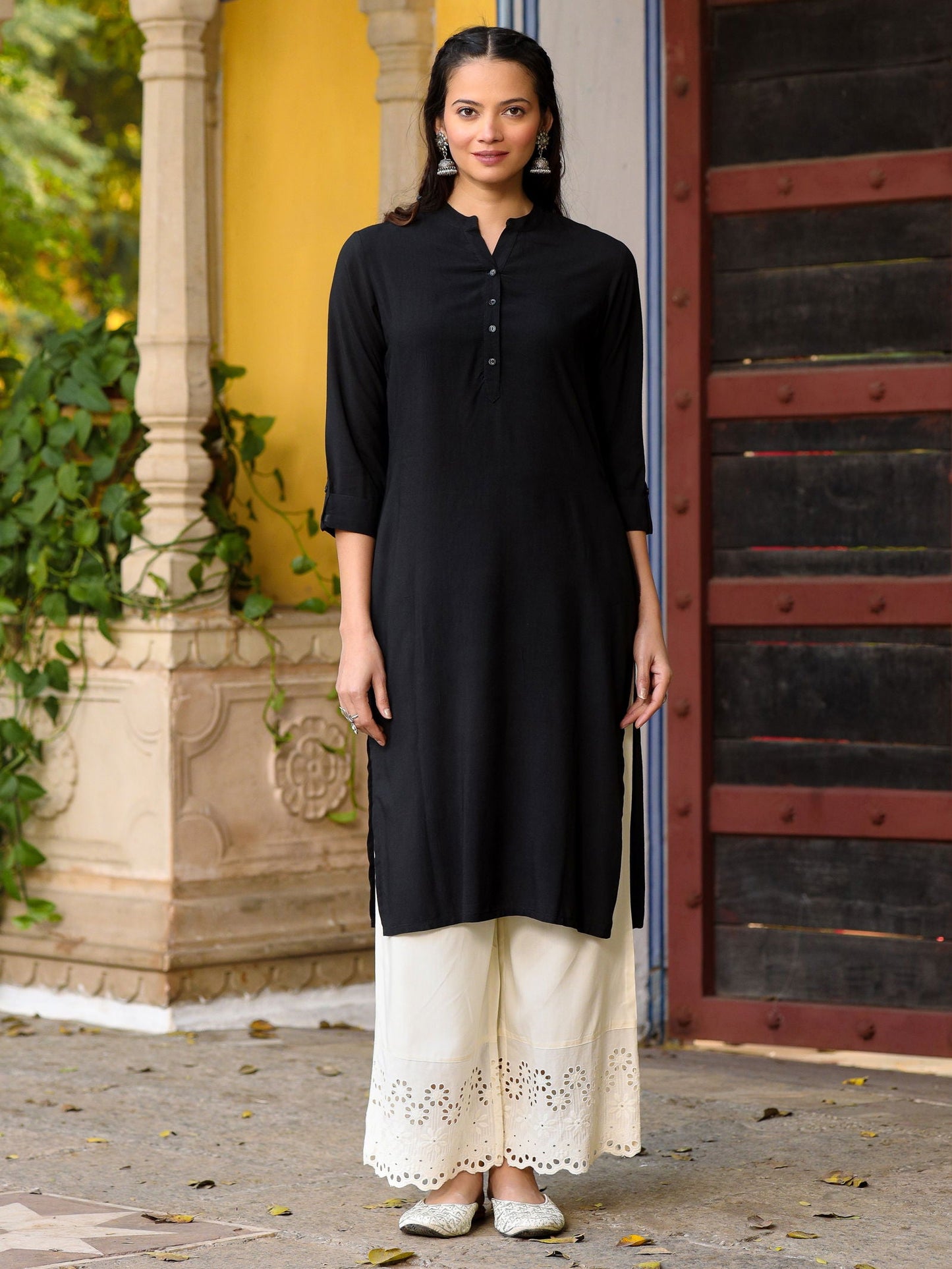 Black Solid Modal Rayon Straight Kurta With Half Placket At Front