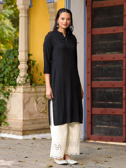 Black Solid Modal Rayon Straight Kurta With Half Placket At Front