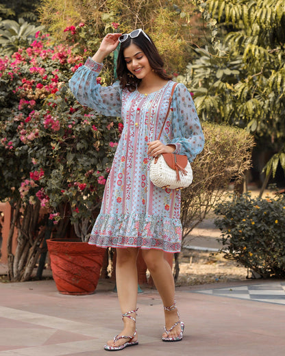 Blue Floral Printed Pure Cotton Short Dress With Sequence Work