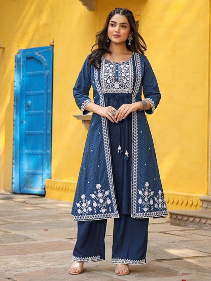 Blue Pure Cotton Thread Embroidered A-Line Layered Kurta Palazzo Set With Tie-Up At Front (2-Pcs)