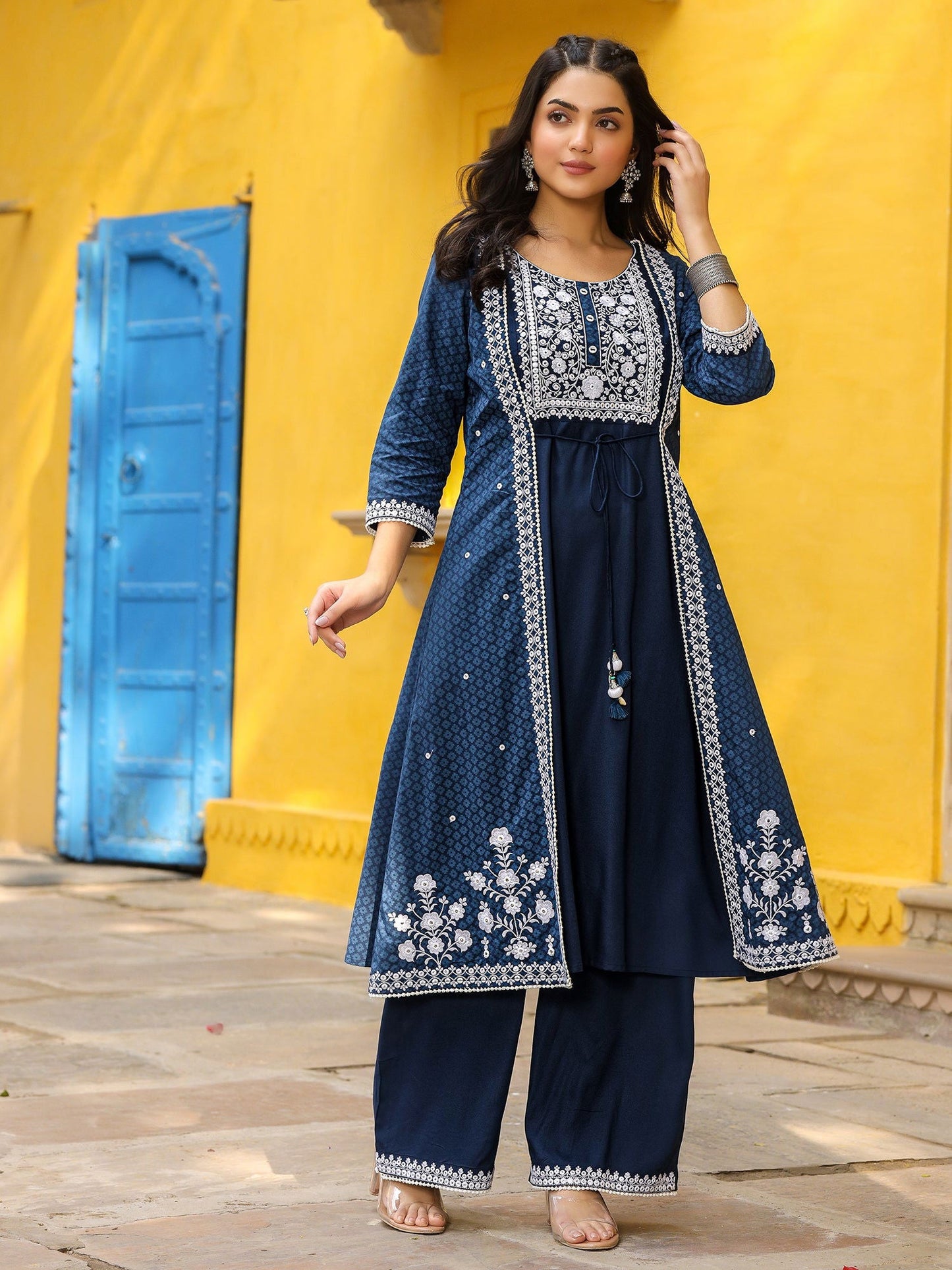 Blue Pure Cotton Thread Embroidered A-Line Layered Kurta Palazzo Set With Tie-Up At Front (2-Pcs)