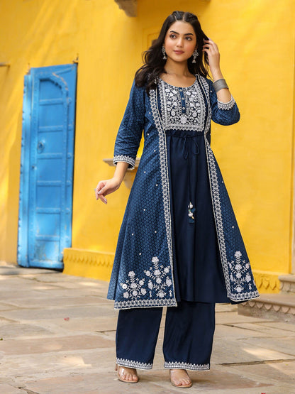 Blue Pure Cotton Thread Embroidered A-Line Layered Kurta Palazzo Set With Tie-Up At Front (2-Pcs)