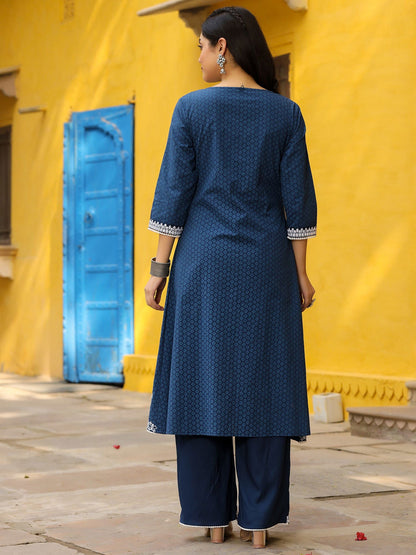 Blue Pure Cotton Thread Embroidered A-Line Layered Kurta Palazzo Set With Tie-Up At Front (2-Pcs)