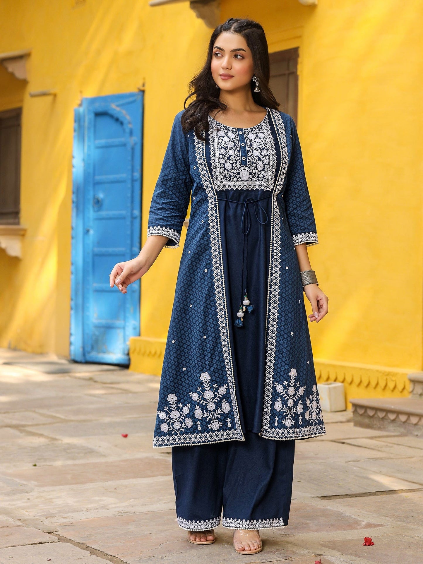 Blue Pure Cotton Thread Embroidered A-Line Layered Kurta Palazzo Set With Tie-Up At Front (2-Pcs)