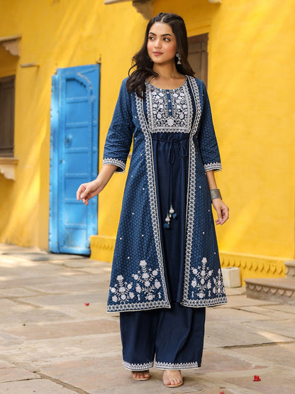 Blue Pure Cotton Thread Embroidered A-Line Layered Kurta Palazzo Set With Tie-Up At Front (2-Pcs)