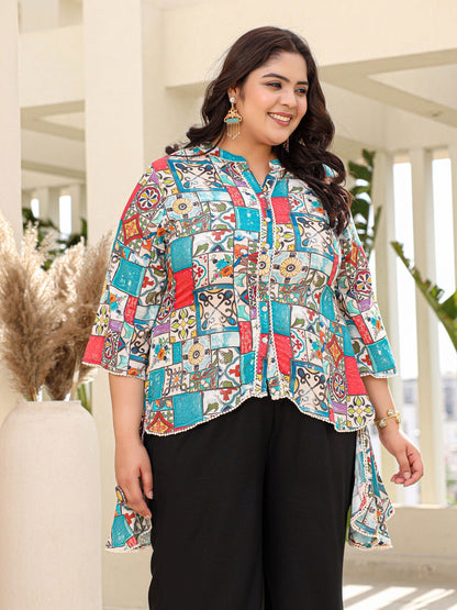 Blue Rayon Ethnic Motif Printed High-Lacy Plus Size Tunic