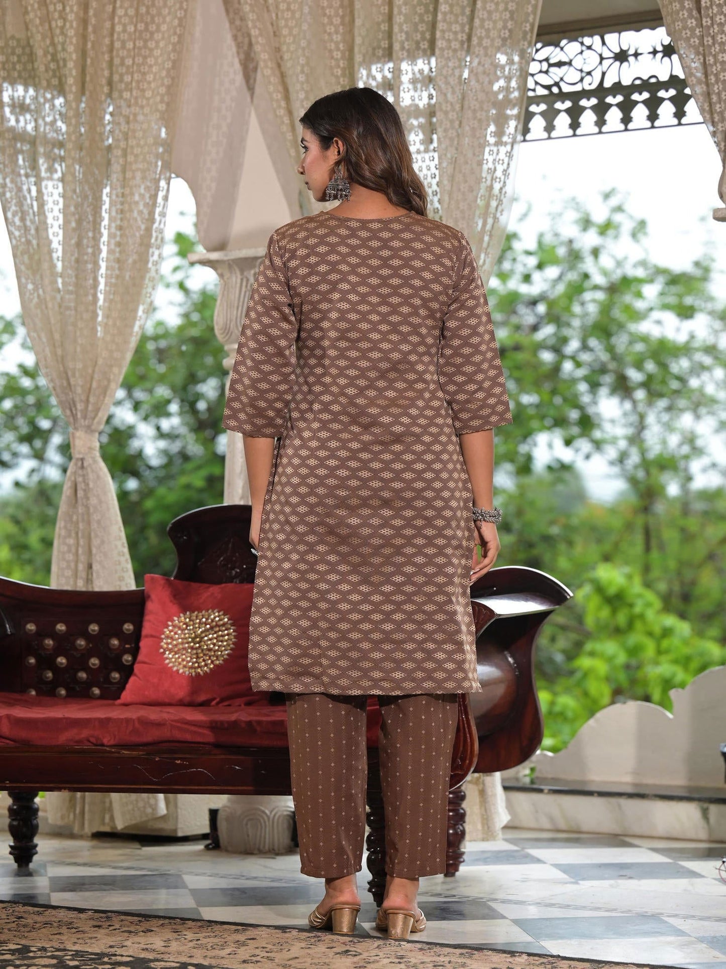 Brown Geometric Printed Cotton Kurta Pant Set With Tassels On Dupatta