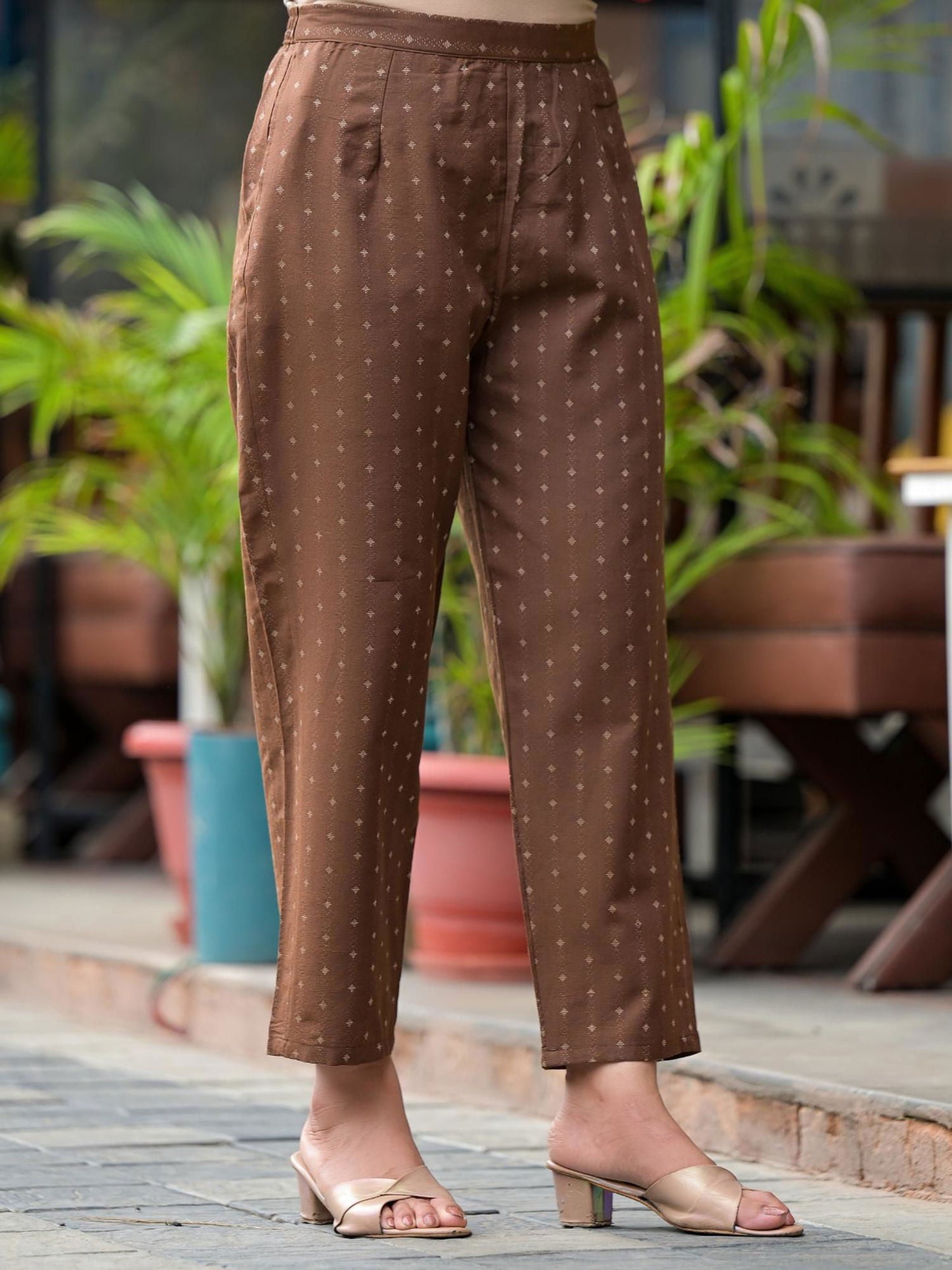 Brown Geometric Printed Cotton Kurta Pant Set With Tassels On Dupatta