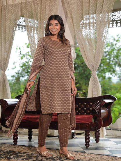 Brown Geometric Printed Cotton Kurta Pant Set With Tassels On Dupatta