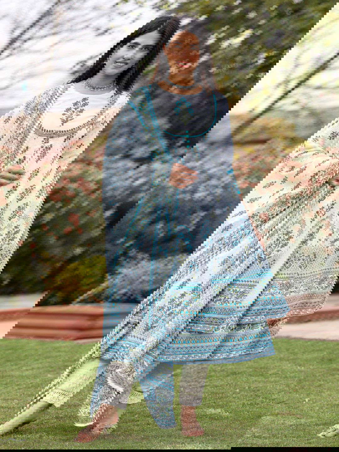 Ethnic Motif Print Cotton Cambric Anarkali Kurta & Kota Doria Dupatta & Pants With Tread Embroidery